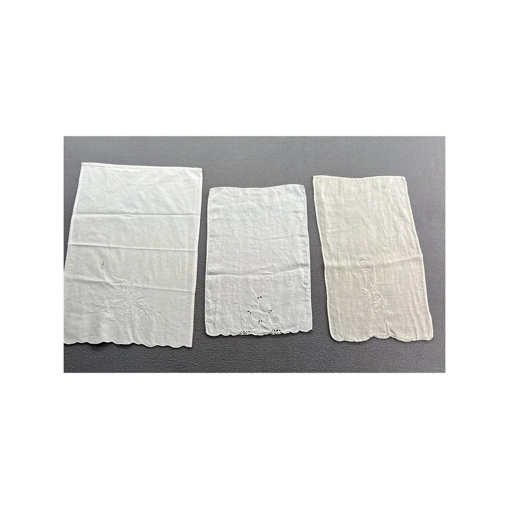 Vintage White Linen Guest Towels Set of 3 Hand Embroidered Floral Scalloped Edge